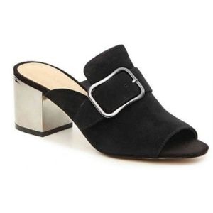 Marc Fisher Black Suede Open-Toe Buckle Block Heel Mules